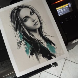 "Alicya" — Original Fine Art Portrait Print, Monochrome Ink & Teal, Matte Fine Art Paper