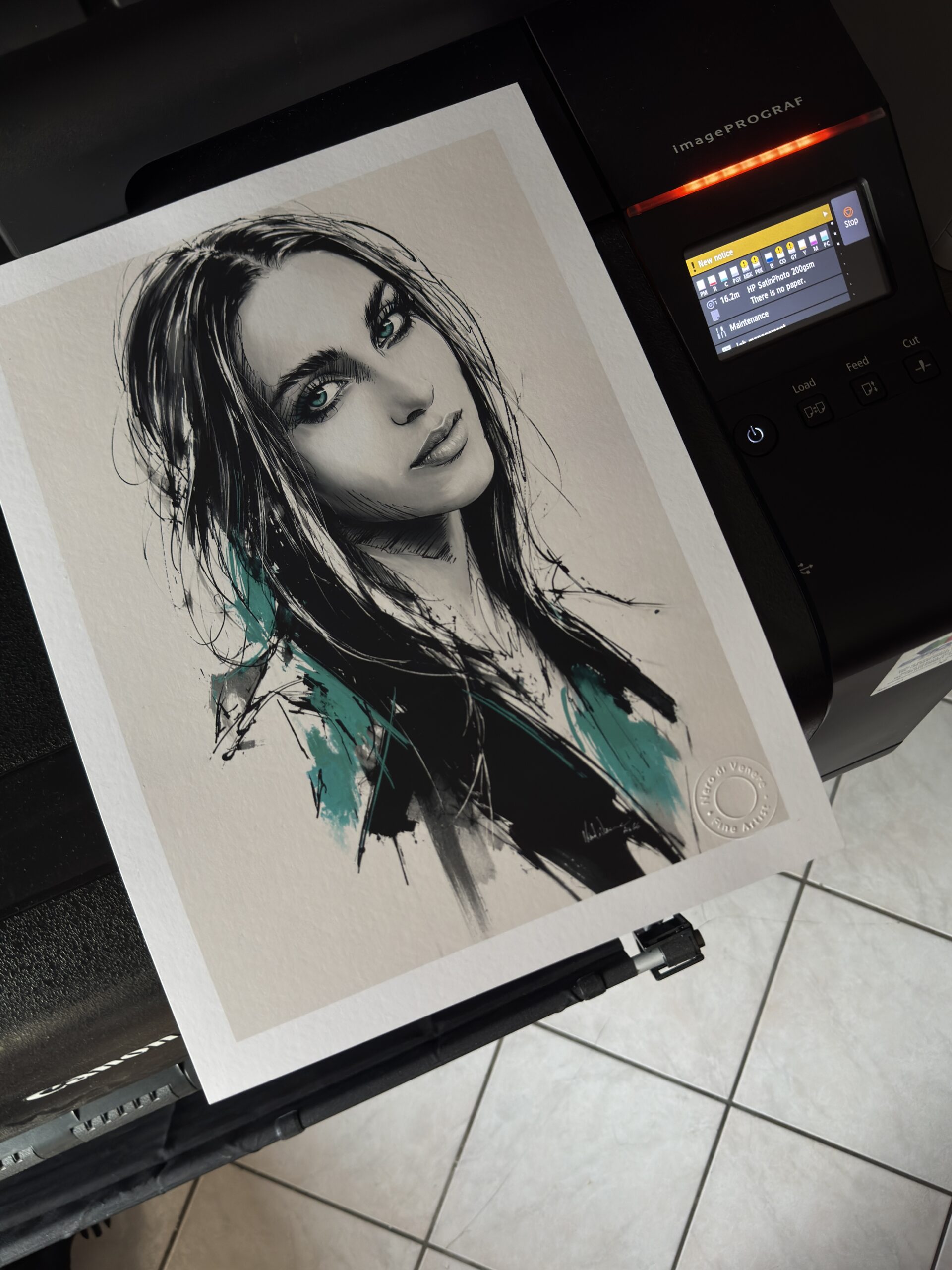 "Alicya" — Original Fine Art Portrait Print, Monochrome Ink & Teal, Matte Fine Art Paper